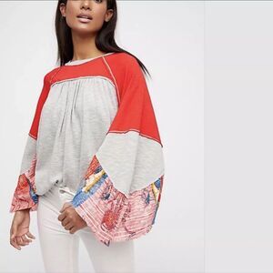 FREE PEOPLE Friday Fever Thermal Top XS Floral Boho Festival Oversized Patchwork